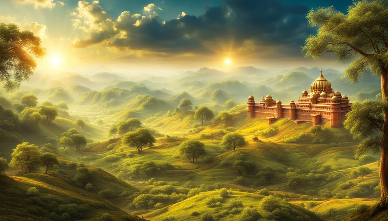 Detailed Indian Landscape with Divine Sunlight