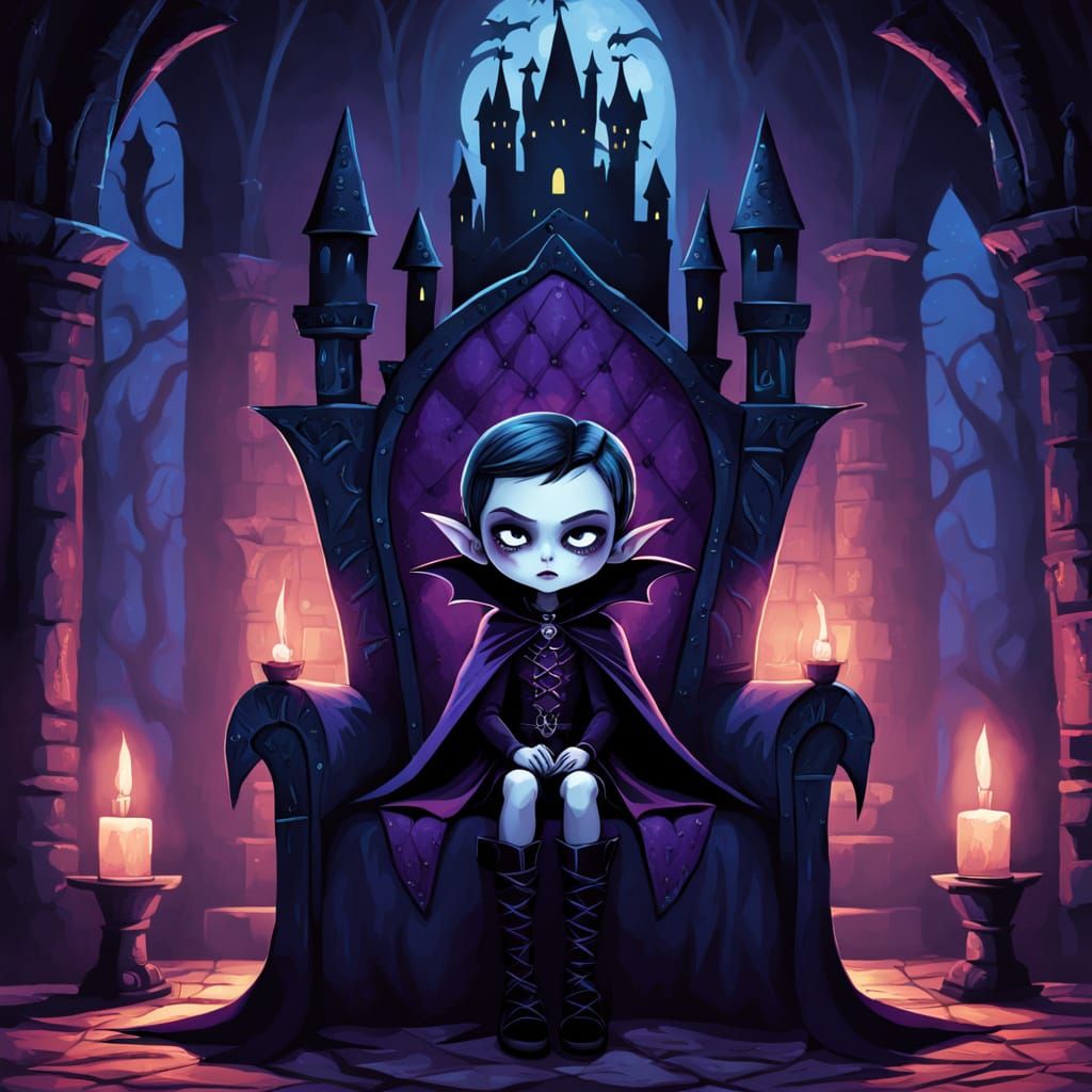 Whimsical Gothic Child Vampire in Dark Castle Throne
