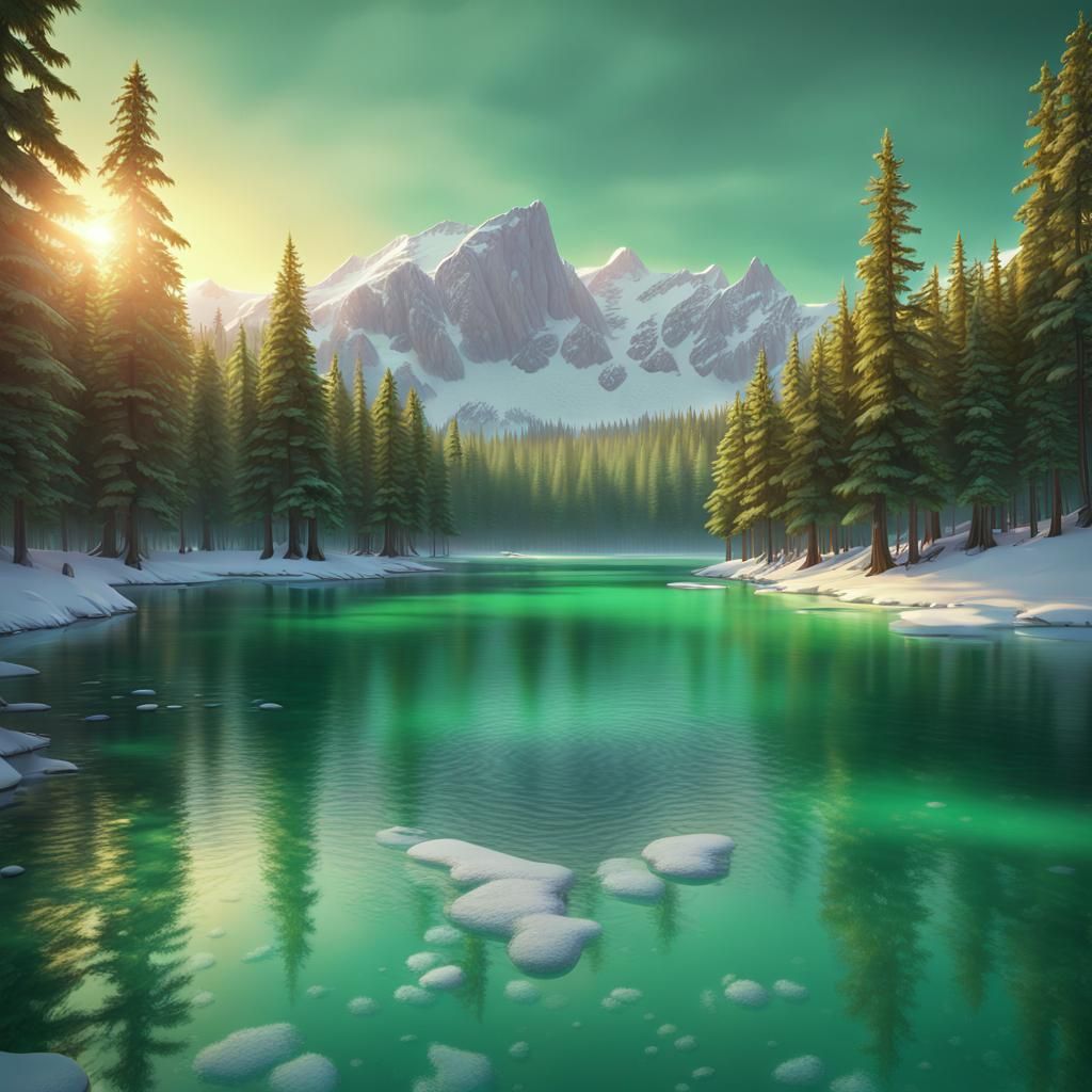 Turquoise Emerald Lake at Sunset in Winter
