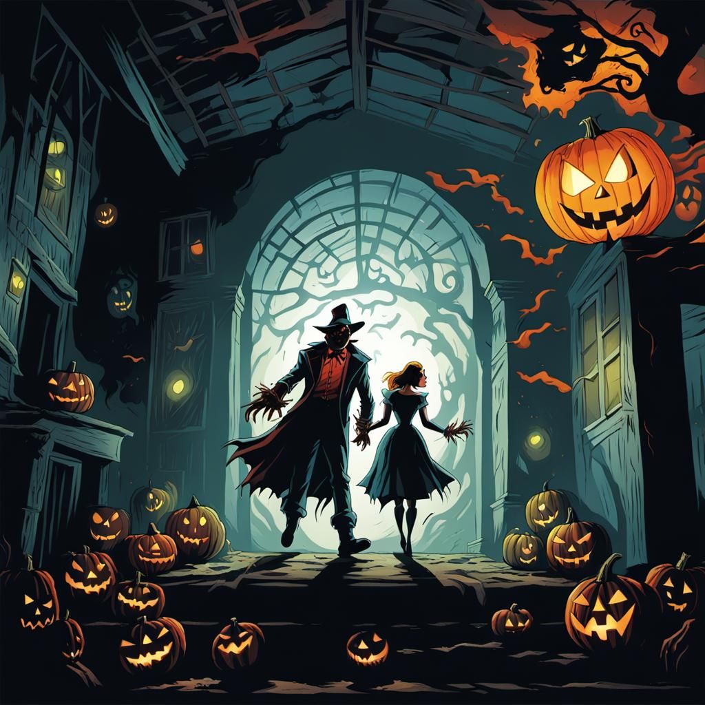 Halloween Celebration in Haunted House Comic Book Art