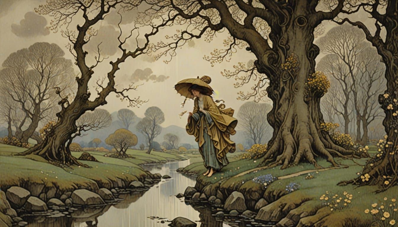 Rainy Spring Landscape in Art Nouveau Style