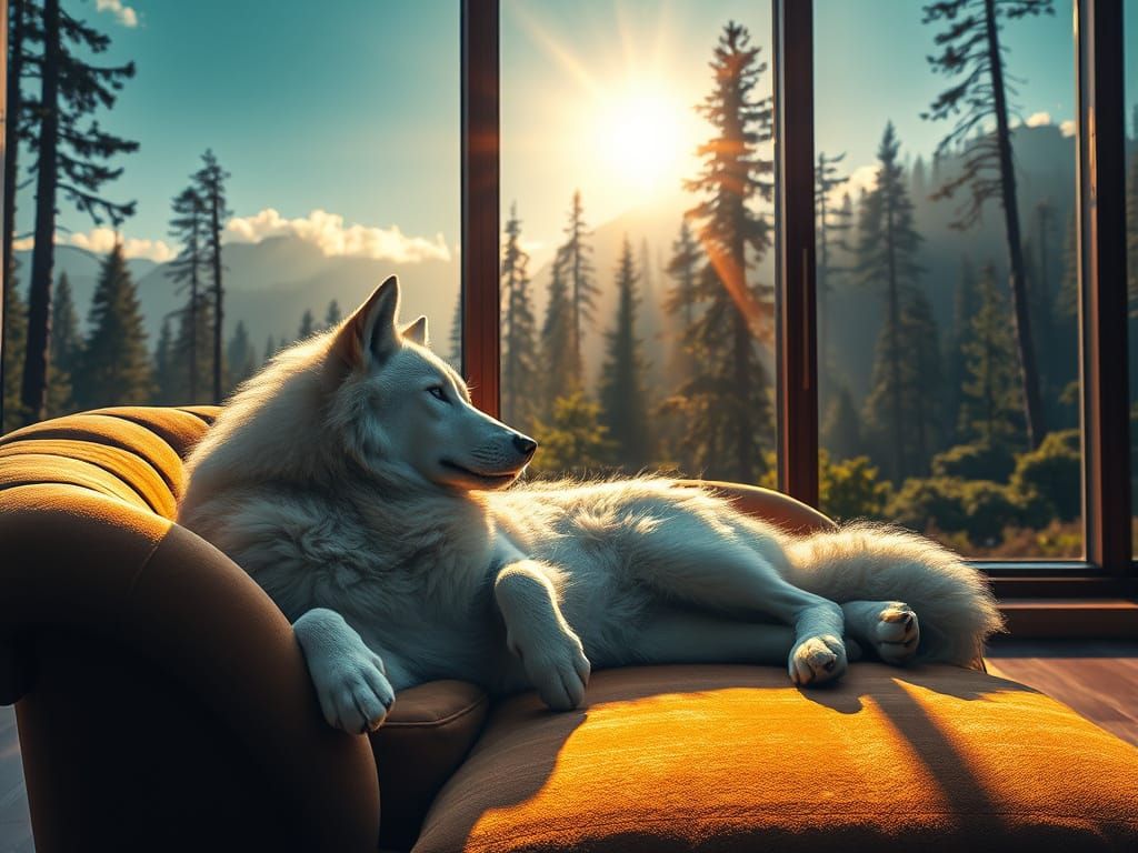Arctic White Wolf Relaxing in a Sunlit Forest Scene