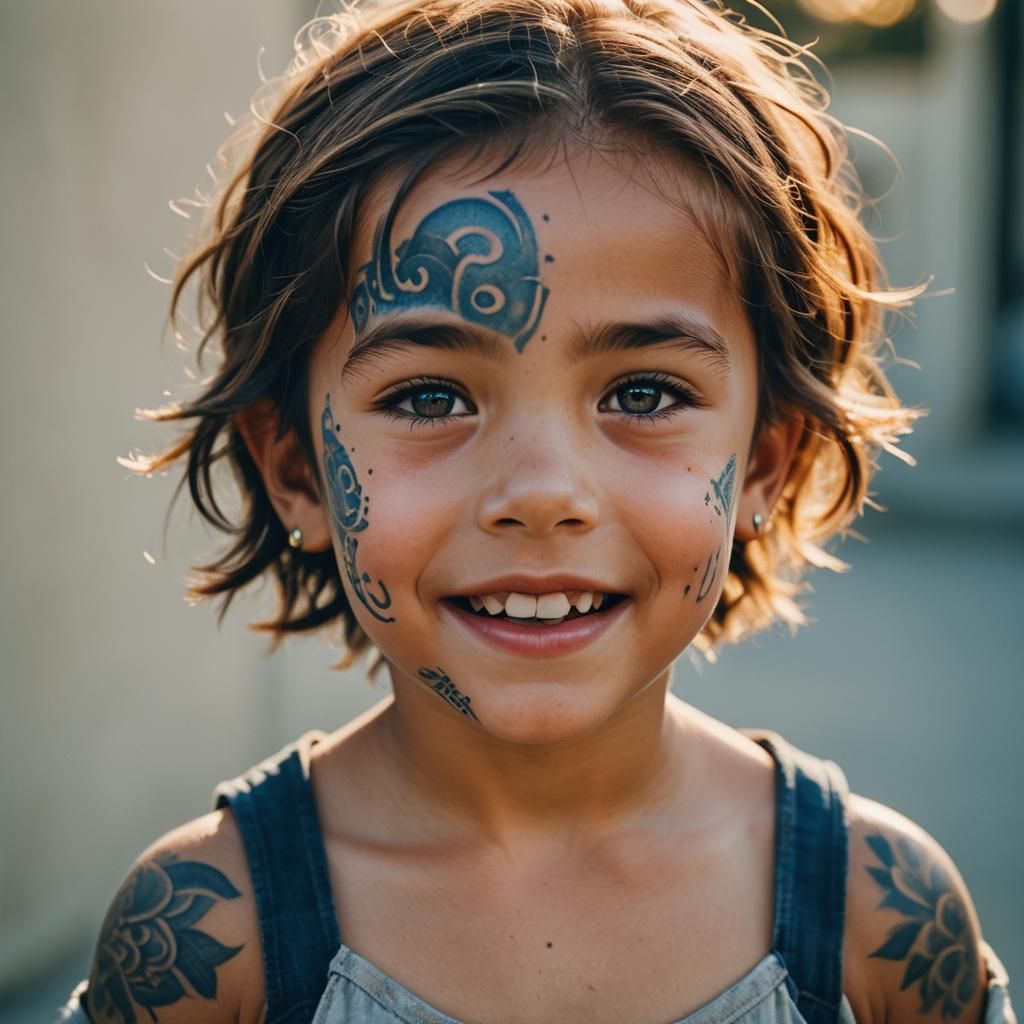 Happy Child Portrait with Blue Tattoo Design