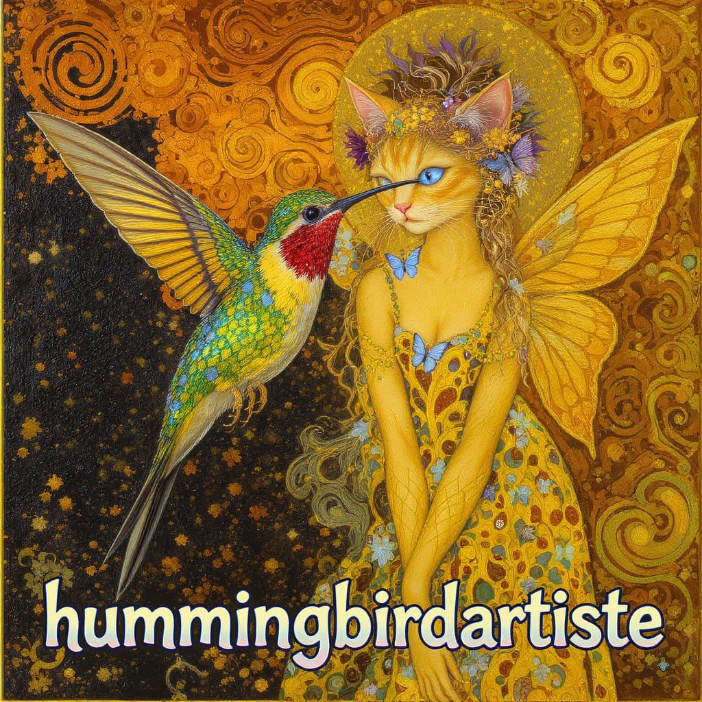 Klimt-Inspired Hummingbird and Cat Fairy with Butterfly