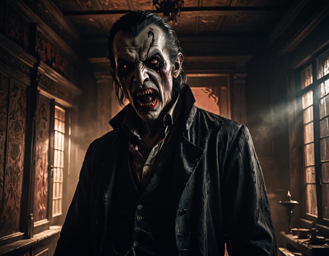 Menacing Vampire in Eerie Old House with Candle