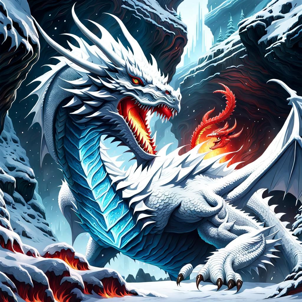 Icy Battle: White Dragon vs Red Dragon in Cave