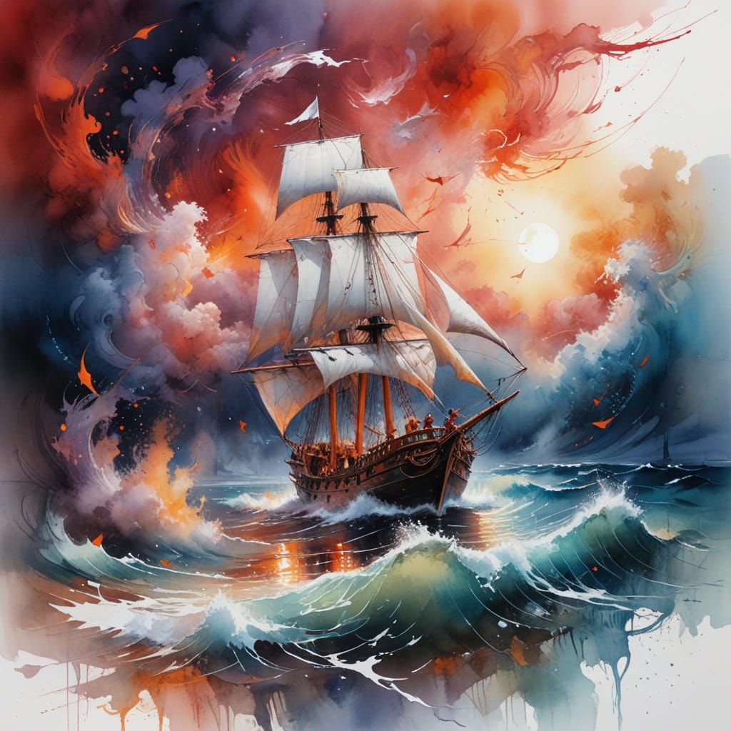 Ethereal Sailboats on Mystical Sea: Fantasy Art