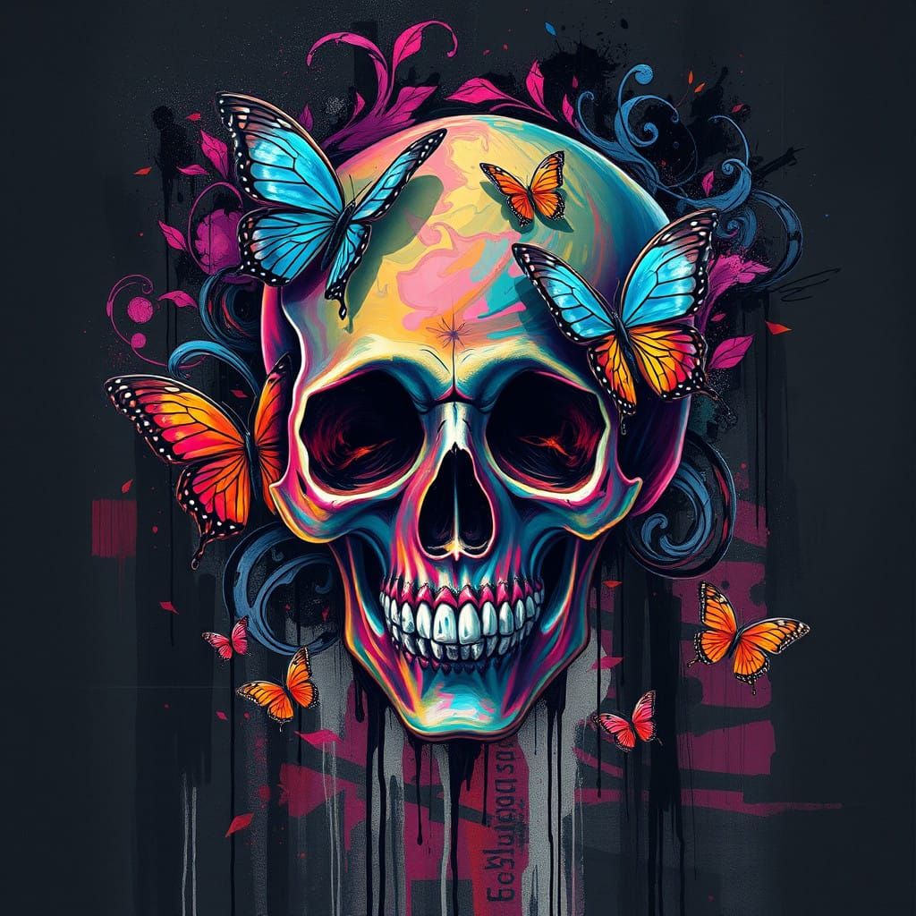 Surreal Skull Adorned with Melancholic Butterflies in Vibran...