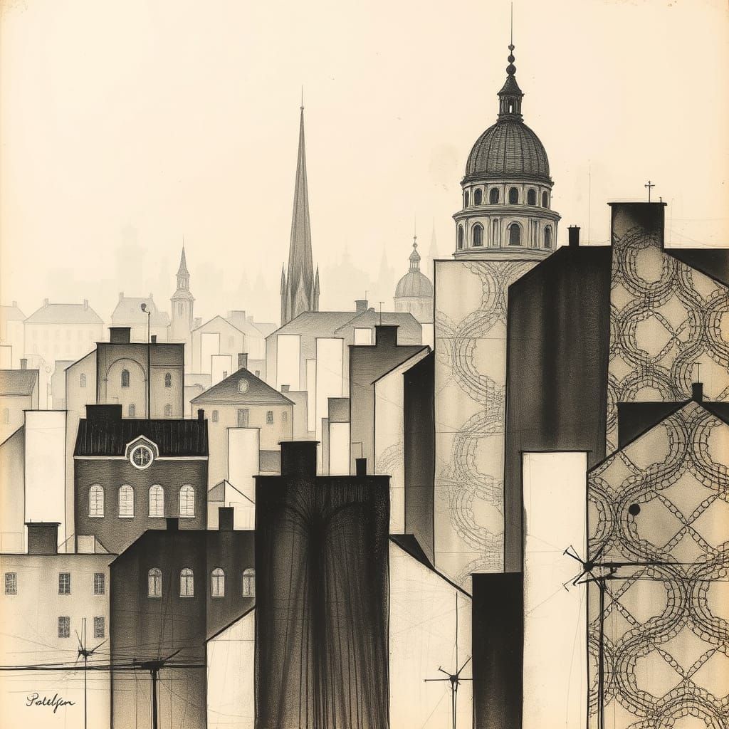 Ethereal Cityscape in Etching and Aquatint Textures