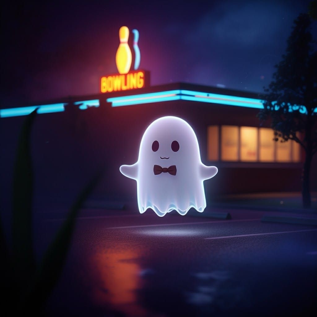Cute Ghost at Bowling Alley on Halloween Night