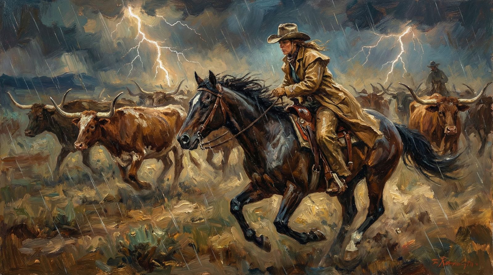 Cowgirl Rides Through Thunderstorm in Western Master Style