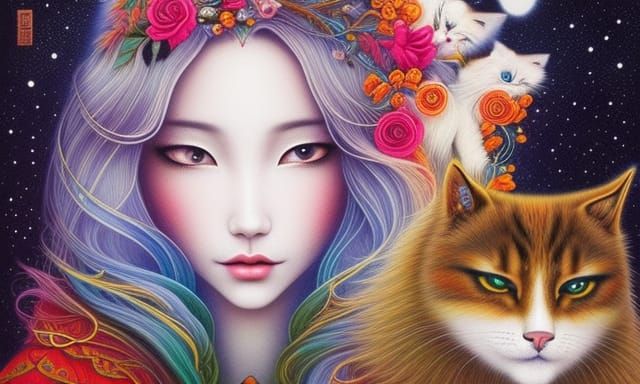 Enchanted Girl with Animals in a Colorful Fairytale
