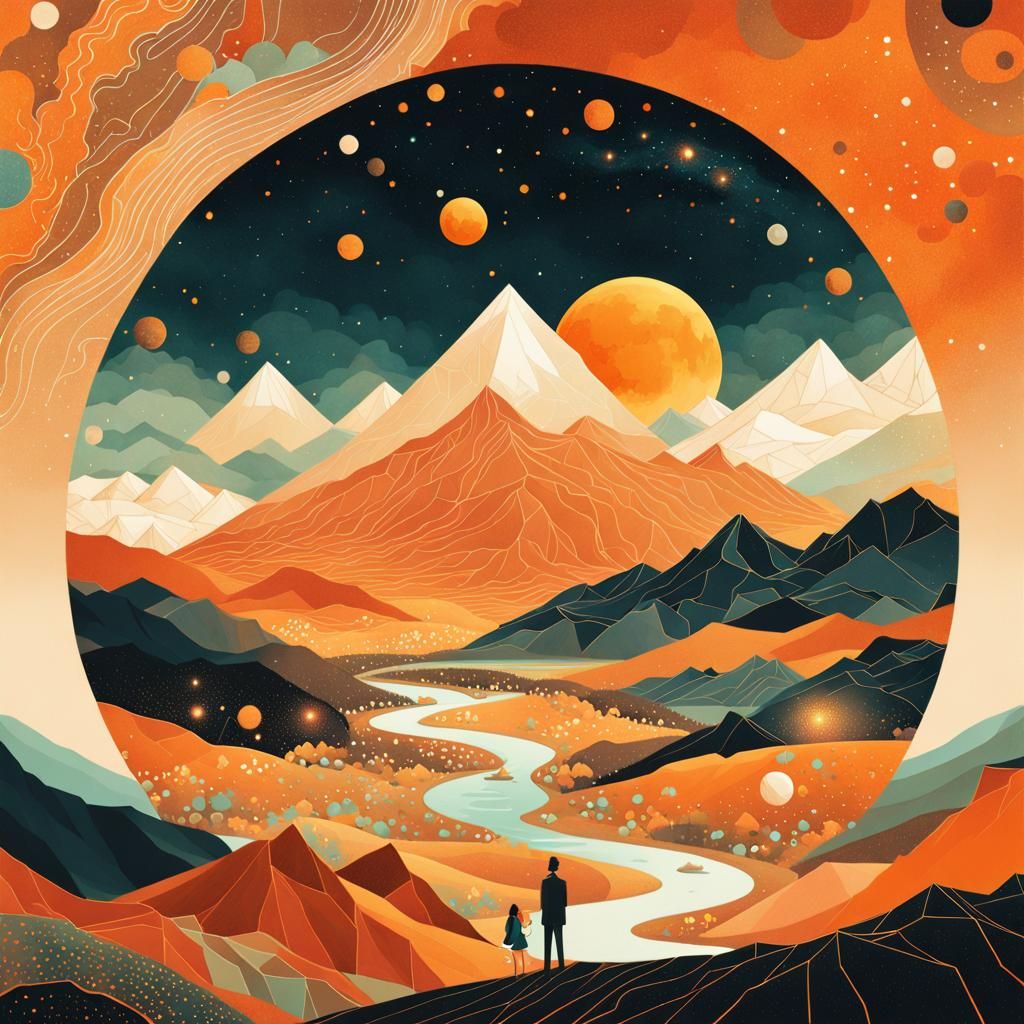 Ethereal Orange Galaxy Landscape Collage Illustration