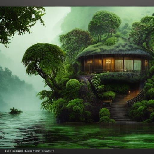 Jungle House in Rain: Detailed Matte Painting