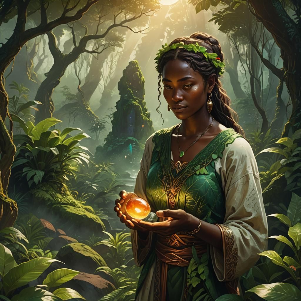 Woman with Healing Stone in Vibrant Fantasy Art