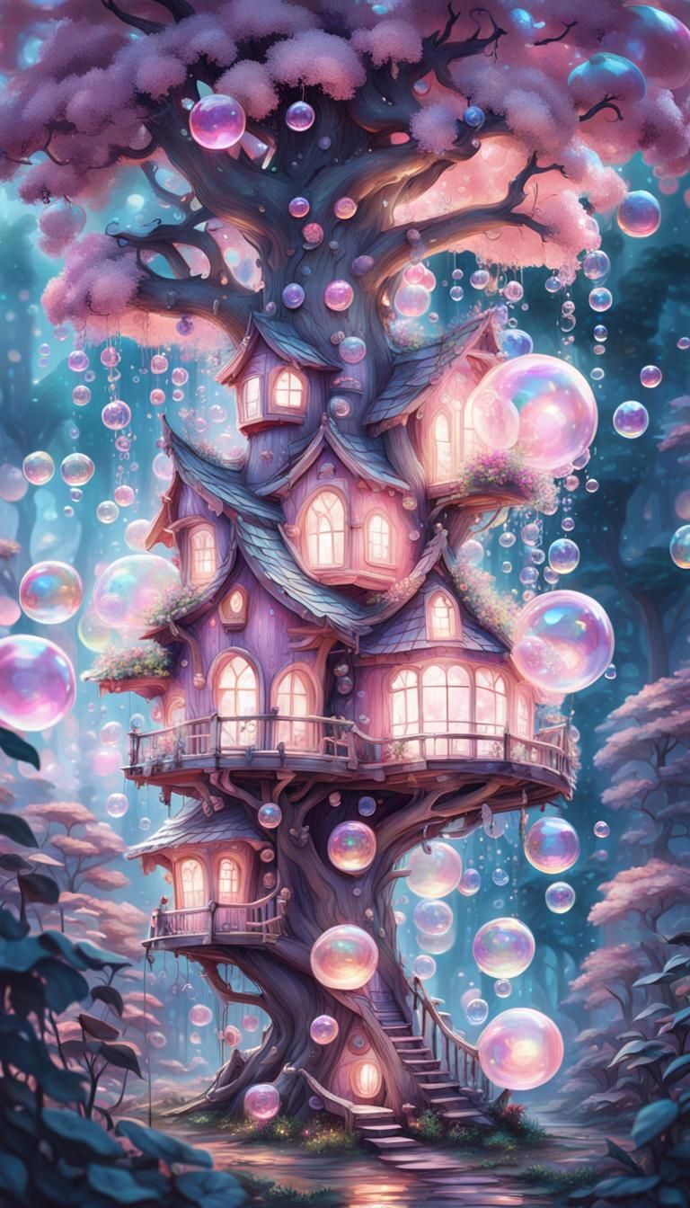 Pastel Pink Bubble Fairy Treehouse in Gouache Style