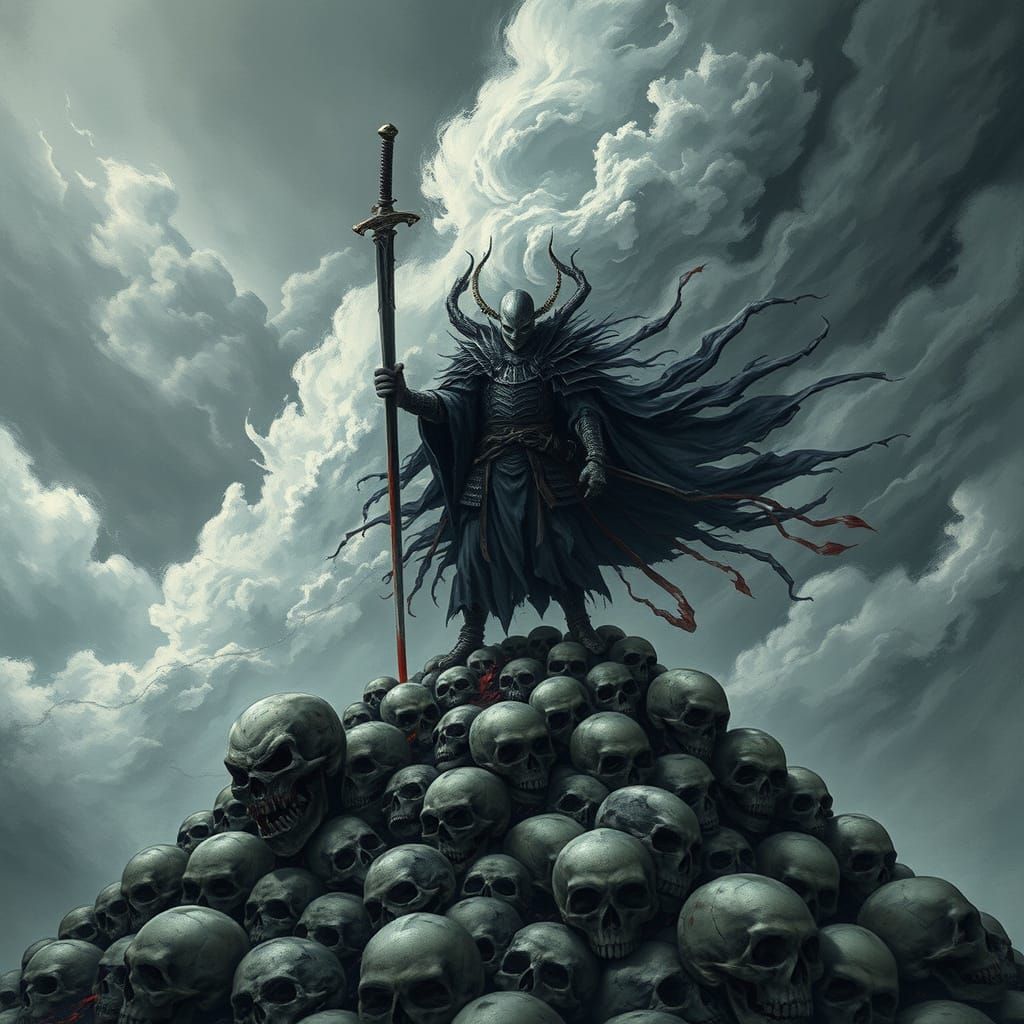 Spectral Warrior on Mountain of Skulls in Dark Fantasy Style