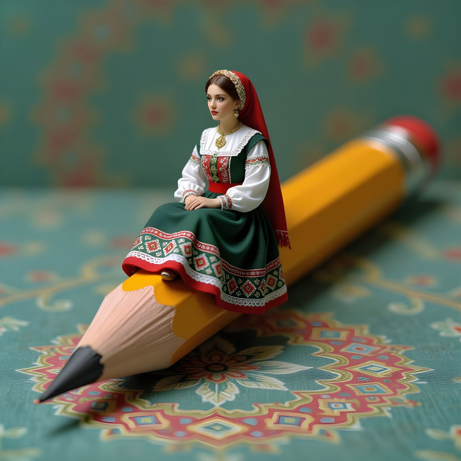 Miniature Woman on Giant Pencil in Hyperrealistic Style
