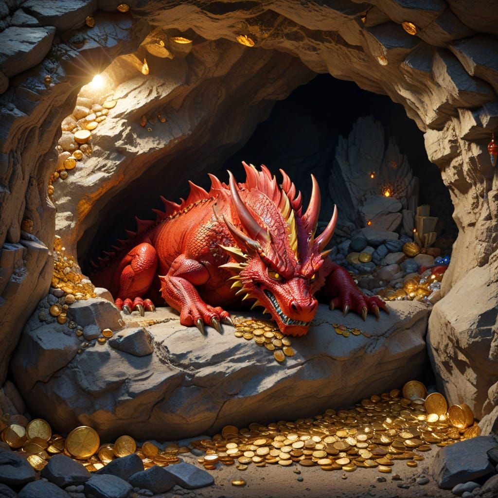 Red Dragon Asleep in Treasure-Filled Cave