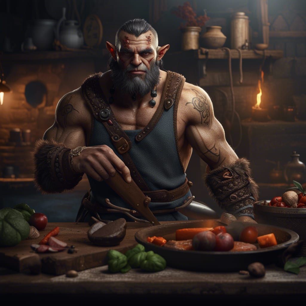 Half-Orc Barbarian Cooking: Fantasy Concept Art