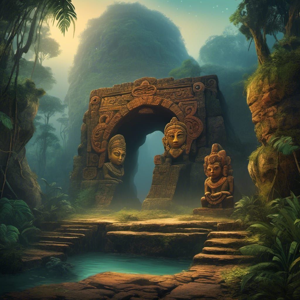 Mayan Cave Entrance in Jungle Twilight