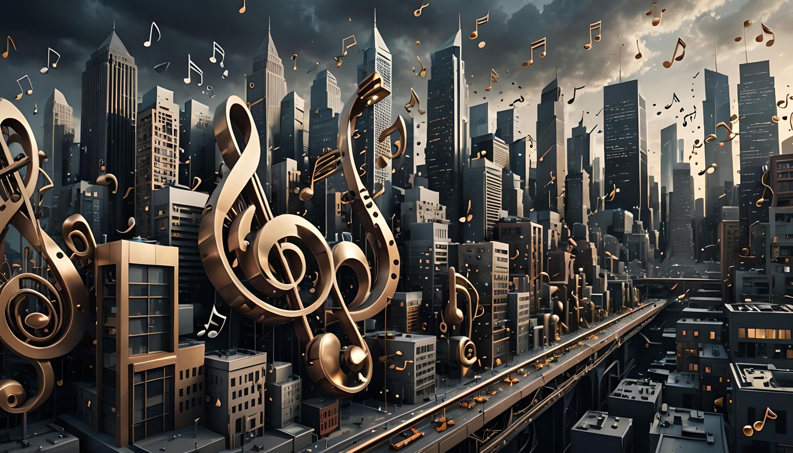 Musical Note Cityscape in Hyperrealistic Style