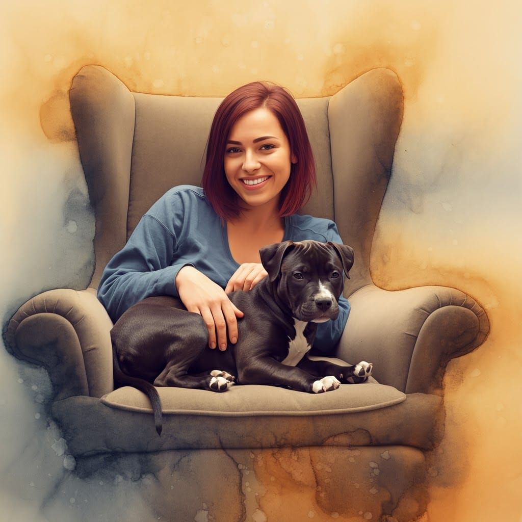 Pitbull Puppy Cuddles in Plush Chair
