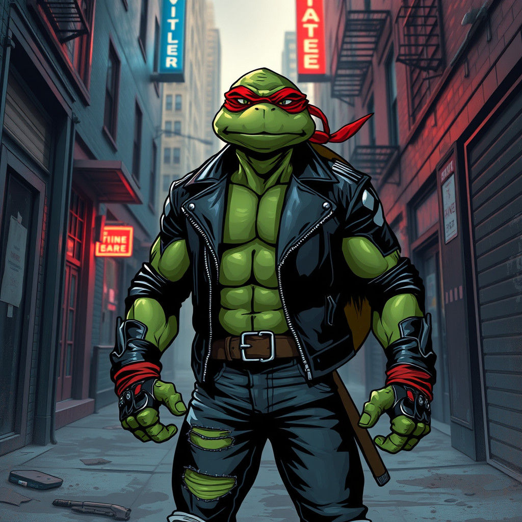 Humanoid Ninja Turtle in a Cyberpunk Alleyway