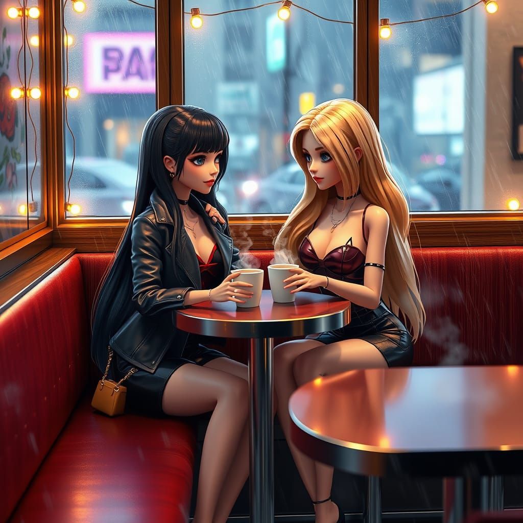 Cozy Friends Share Coffee Amidst a Stormy Night