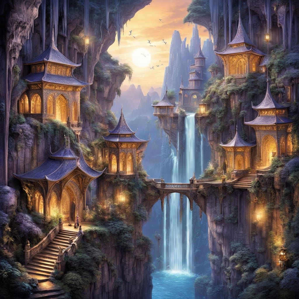Elven City Carved into Cliff with Waterfalls