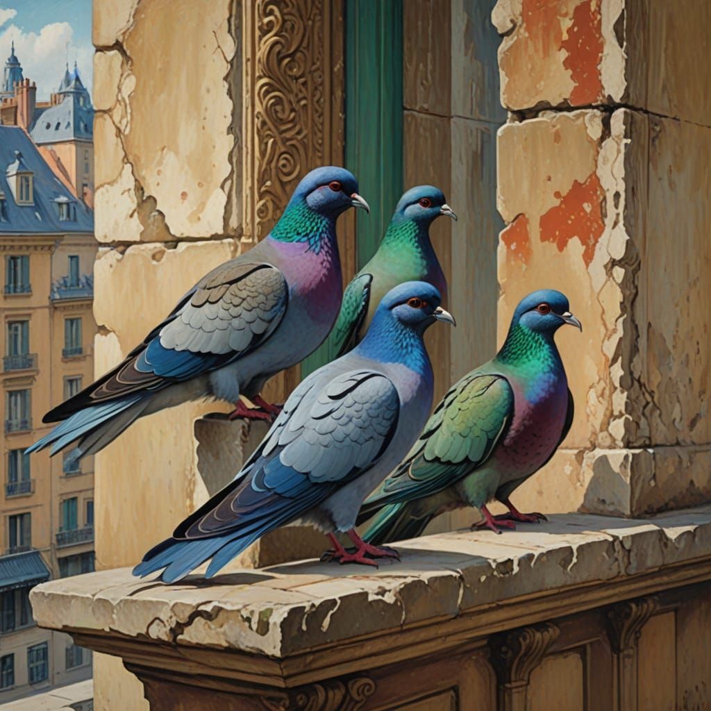 Surreal Rock Doves on Ornate Building Ledge in Gouache Style
