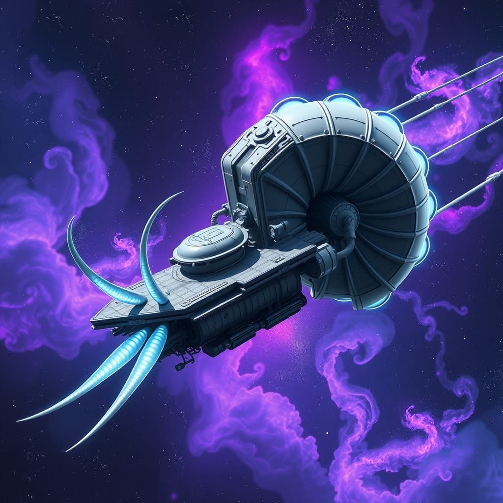 Industrial Nautiloid Spaceship Drifting Through Nebula