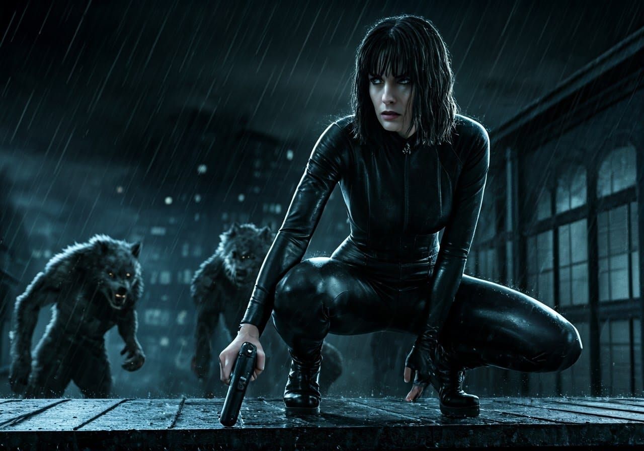 Vampire Huntress on Rooftop, Cinematic Dark Fantasy