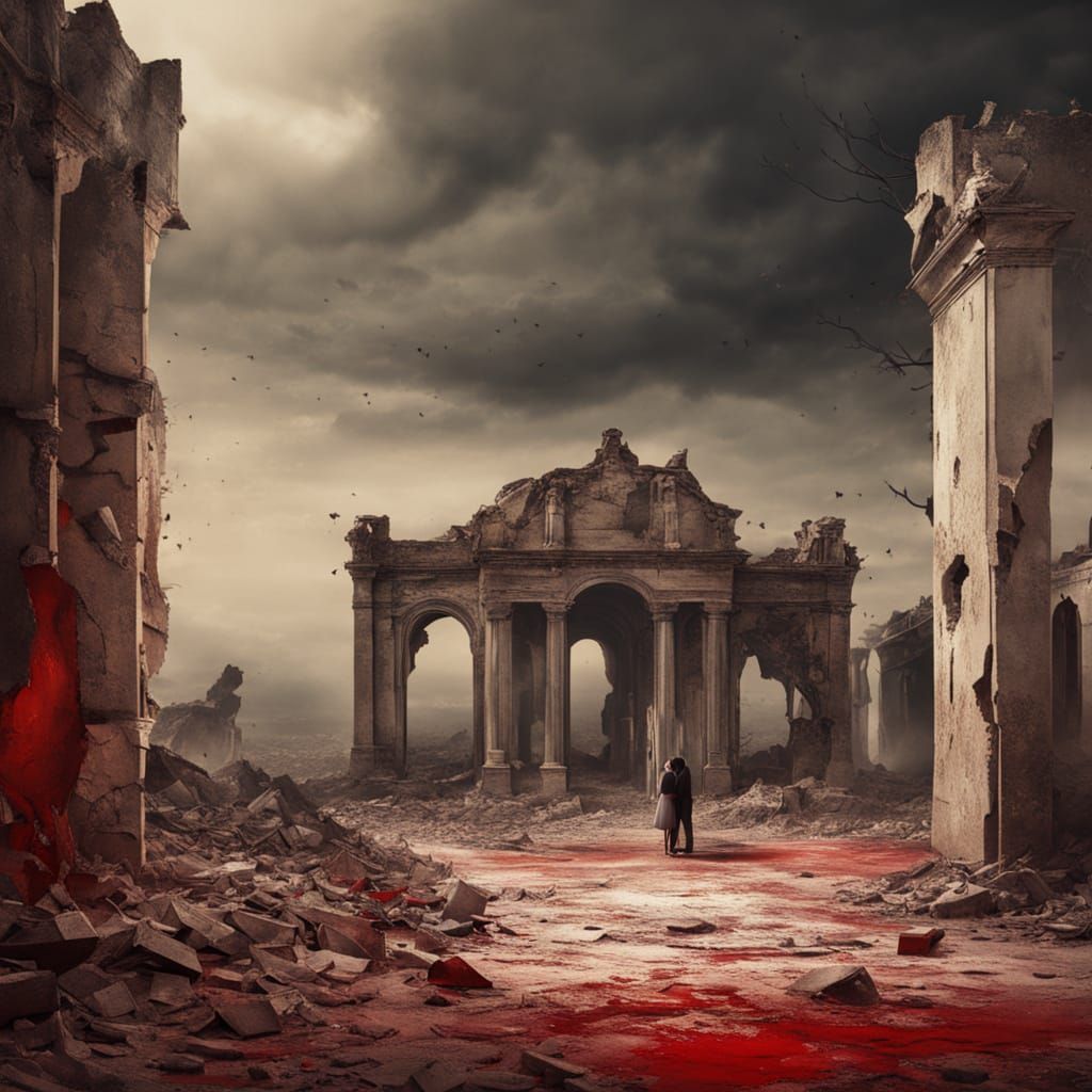 Surrealist Lovers Kiss in Ruined Dreamscape