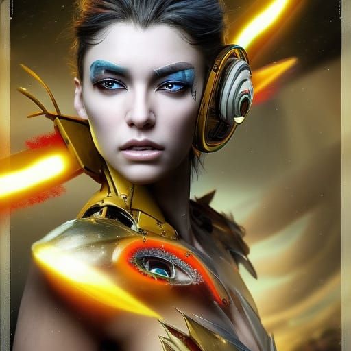 Biomechanical Warrior in Stormy Battlefield: Digital Illustr...