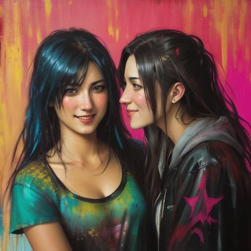 Teenage Girls in Haunted Garden, Expressionist Oil Painting