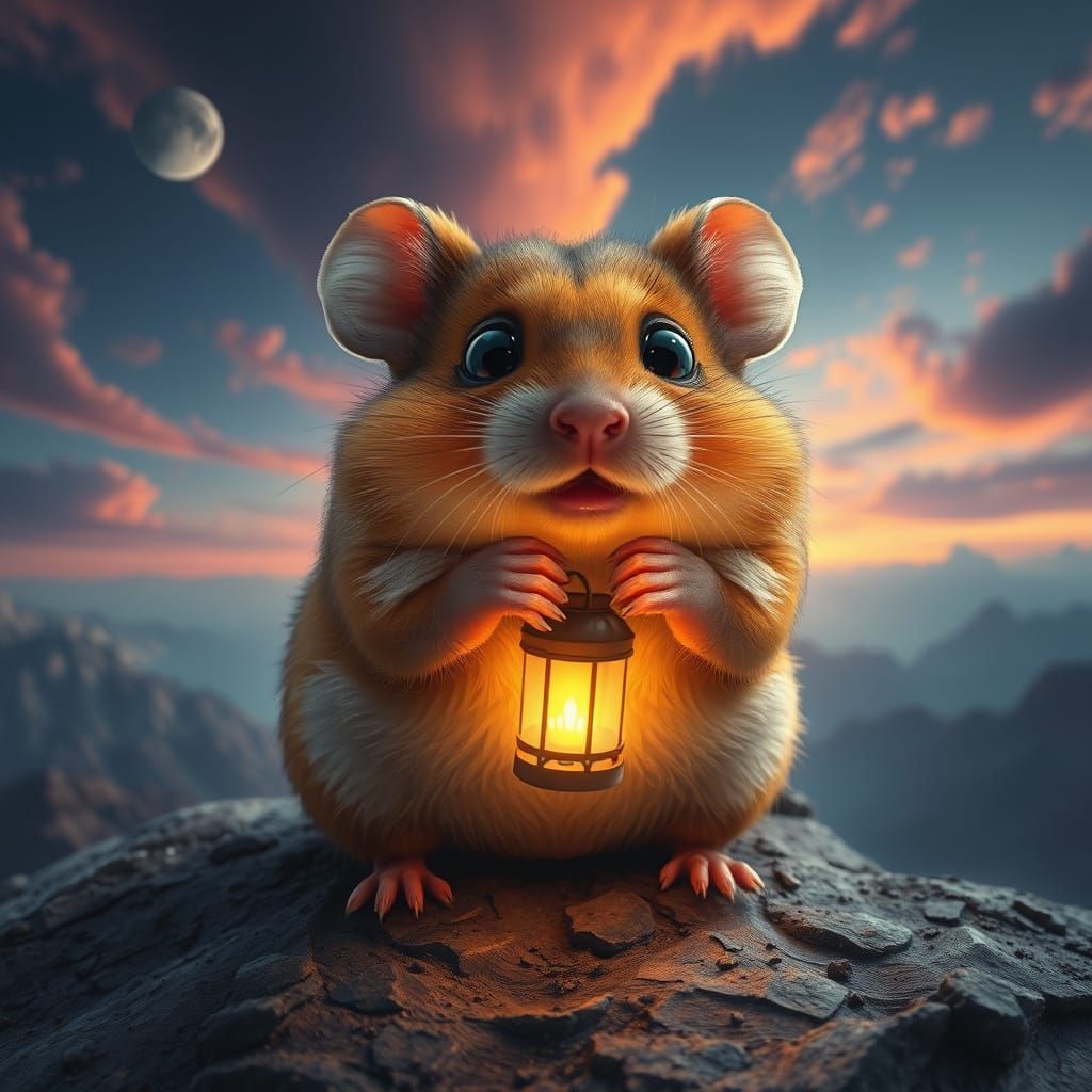 Surreal Hamster Amidst Twisted Skies and Mountains