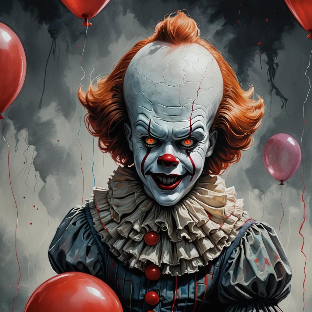 An image of Georgie holding a red balloon, in the background is Pennywise, from Steven King's book "It", hyper detaile...