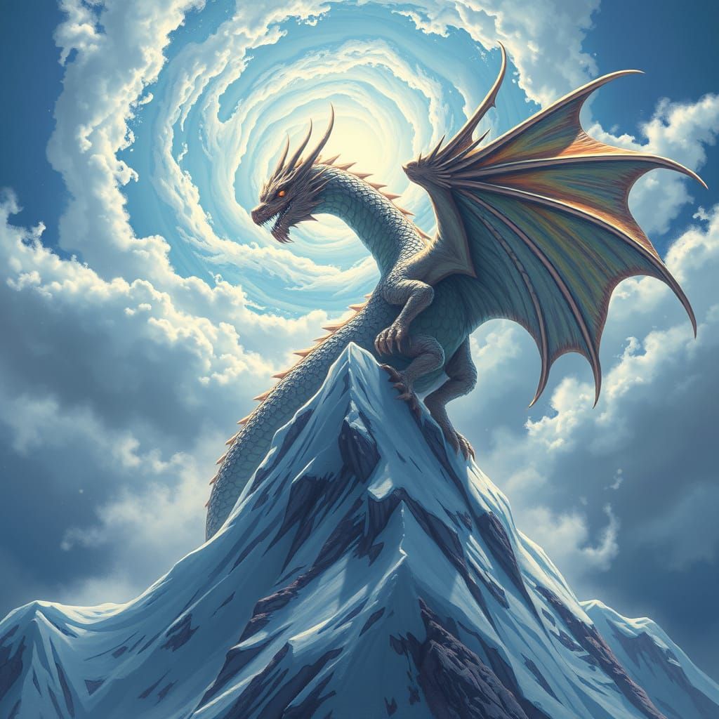 Majestic Dragon on Snow Mountain, Vintage Fantasy Art