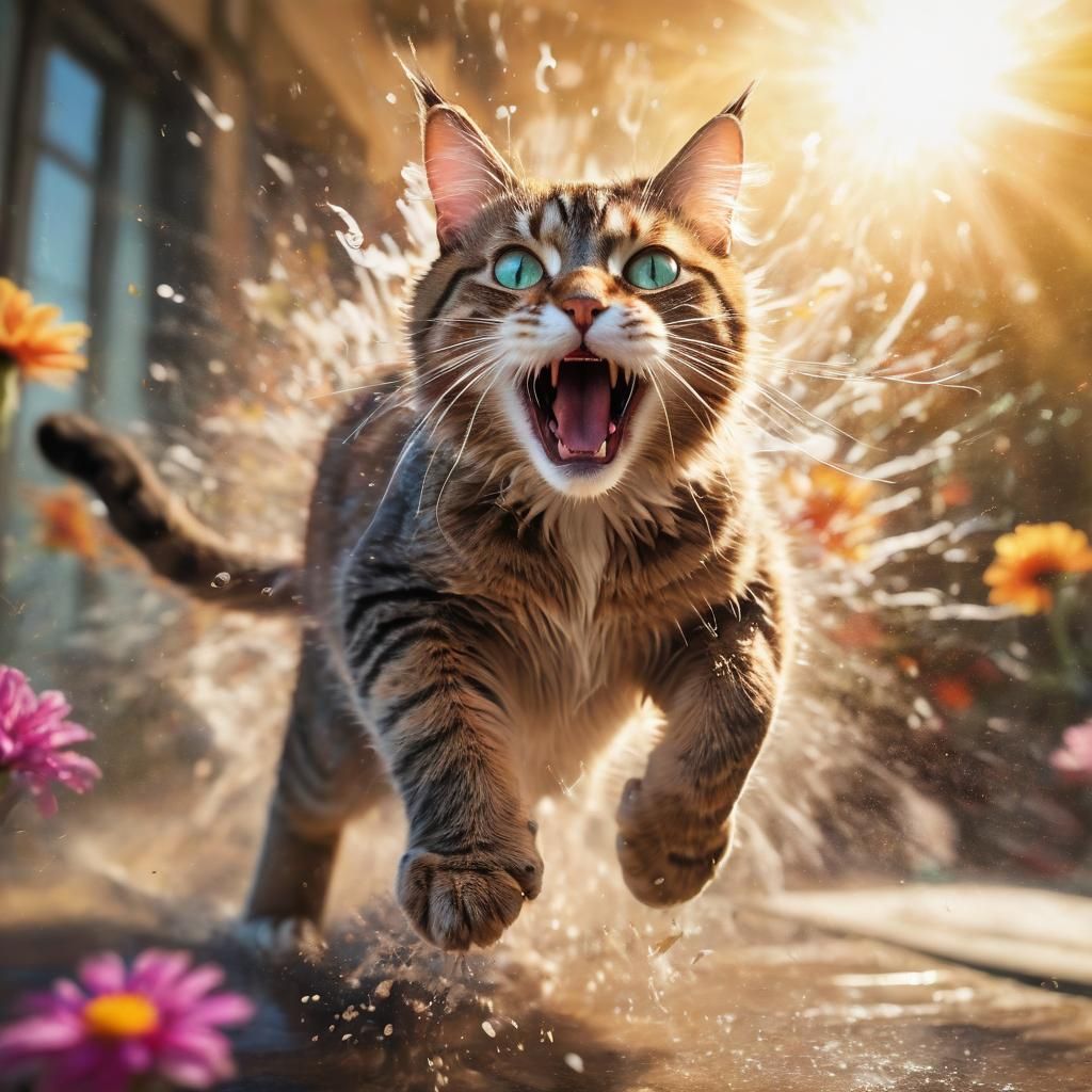 Dynamic Cat Mid-Pounce in Photorealistic Splash Art