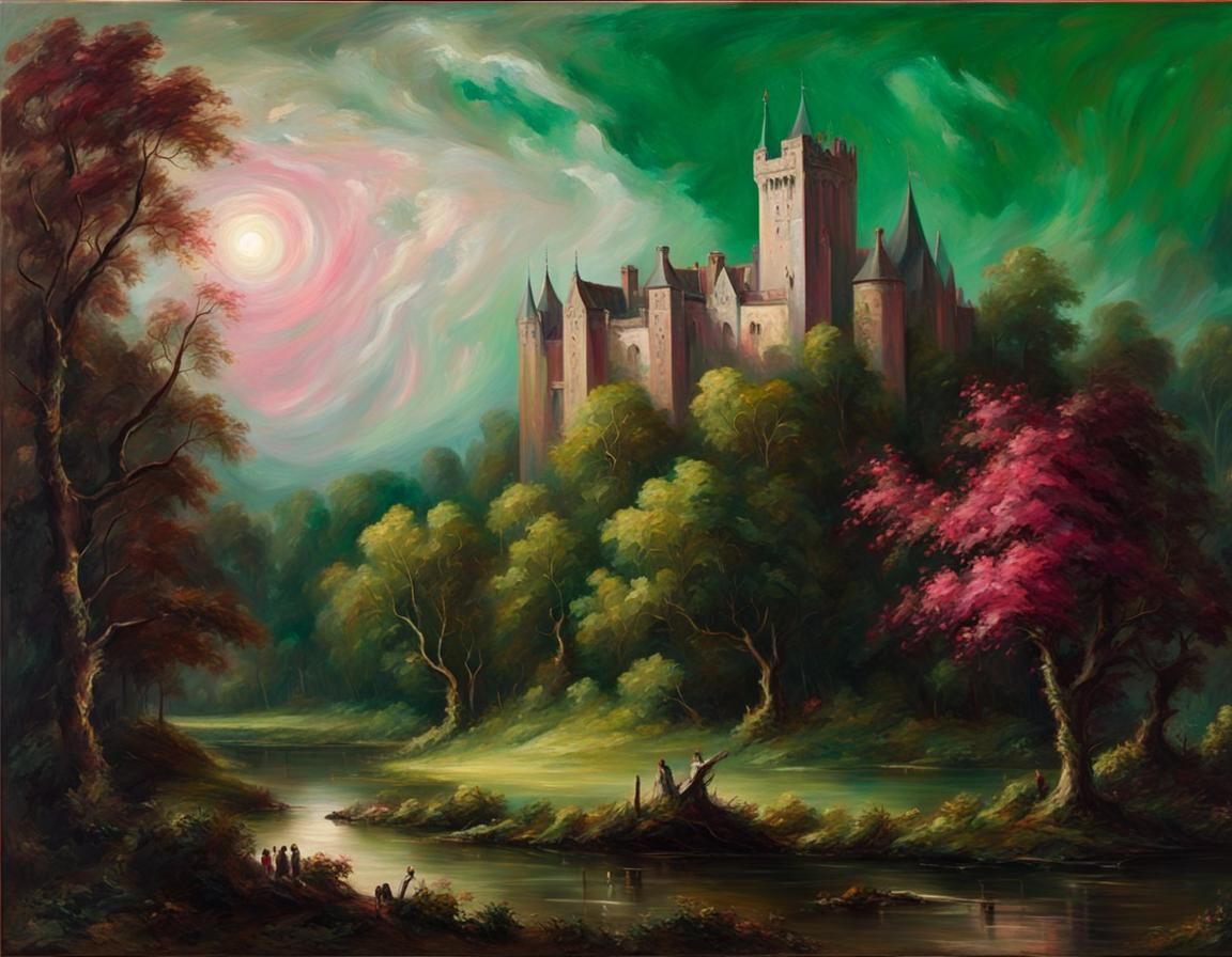 Medieval Castle Oil Painting in Romanticism Style