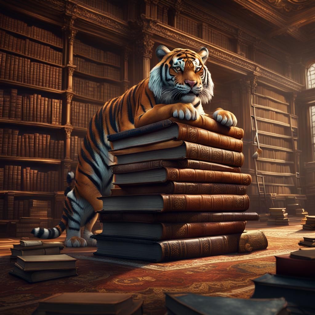Tiger Reading Books in Library, Detailed Matte Painting