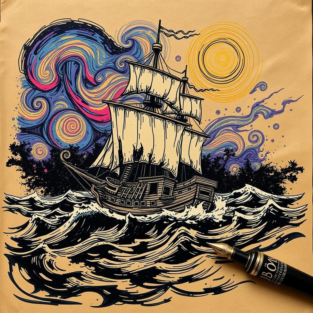 Fantastical Pirate Ship Bleeds into Turbulent Waters in Vibr...