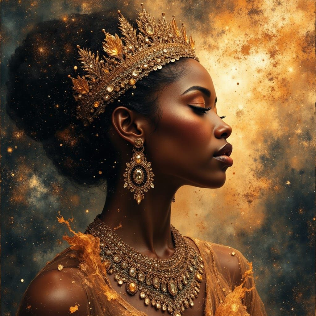 Regal African Cosmic Queen in Divine Oil Painting Style