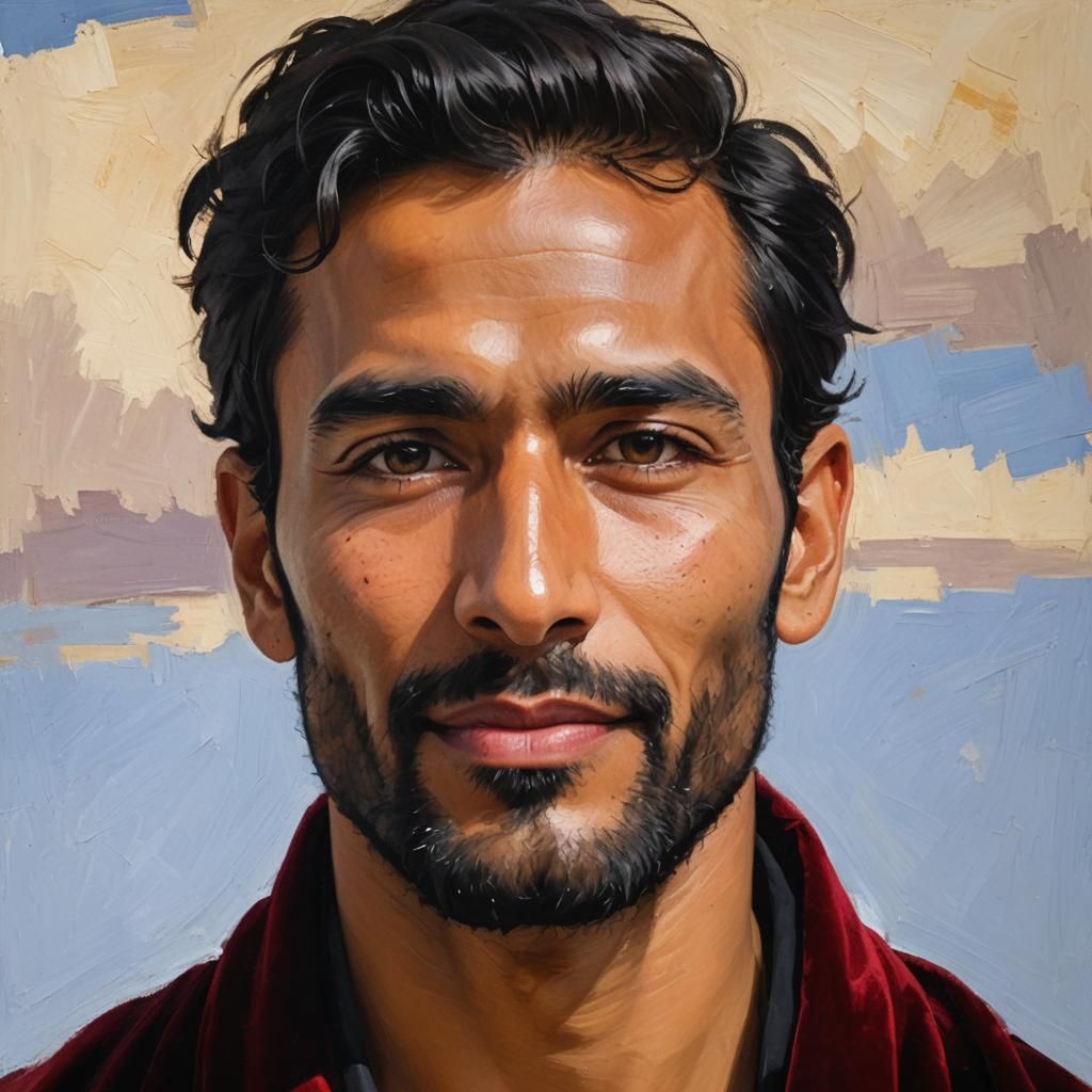 Friendly Man in Red Bathrobe as Impasto Painting