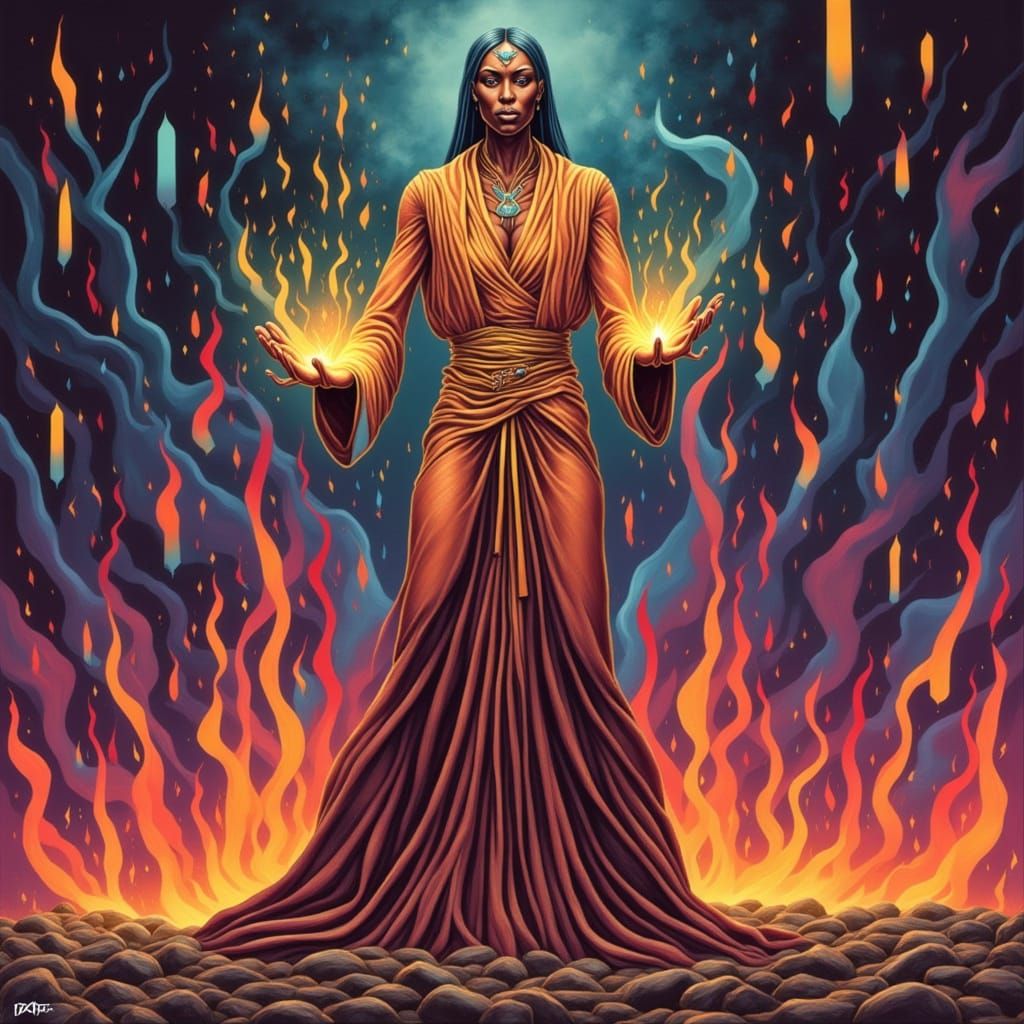 Mystical Figure Embodies Fiery Energy in Vibrant, Burning Sy...