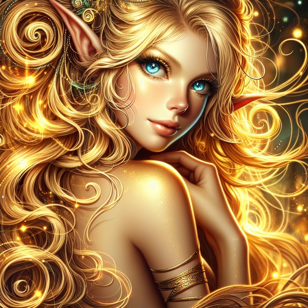 Golden Elf with Magical Hair in Fantasy Setting