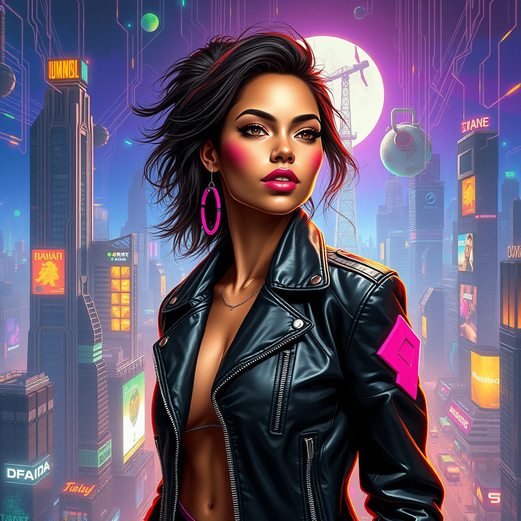 Cyberpunk Latina in Futuristic Cityscape