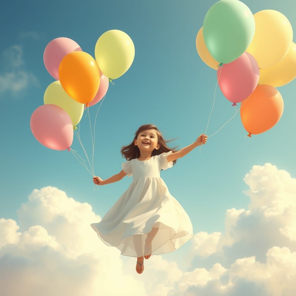 Girl with Balloons in Dreamy Heavenly Scene