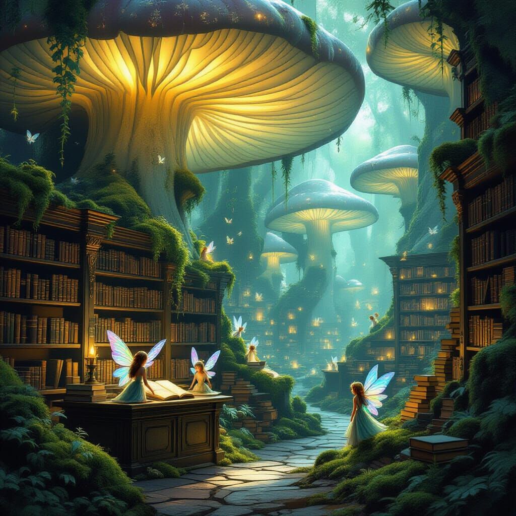 Mystical Mushroom Library with Fairies and Glowing Books